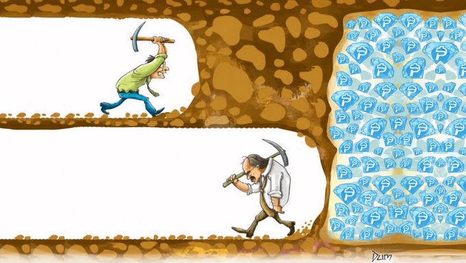 Two miners with pickaxes dig through rock—one breaking through to a pile of blue diamonds on the right, while the other struggles on a lower level—symbolizing the post's message that "$PAID" sellers are at the bottom and it's time to buy into a breakout opportunity.