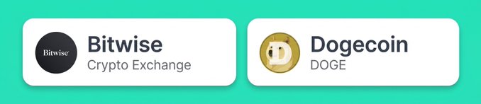 Two product-style cards on a green background: the left for 'Bitwise Crypto Exchange' and the right for 'Dogecoin DOGE' featuring its logo.