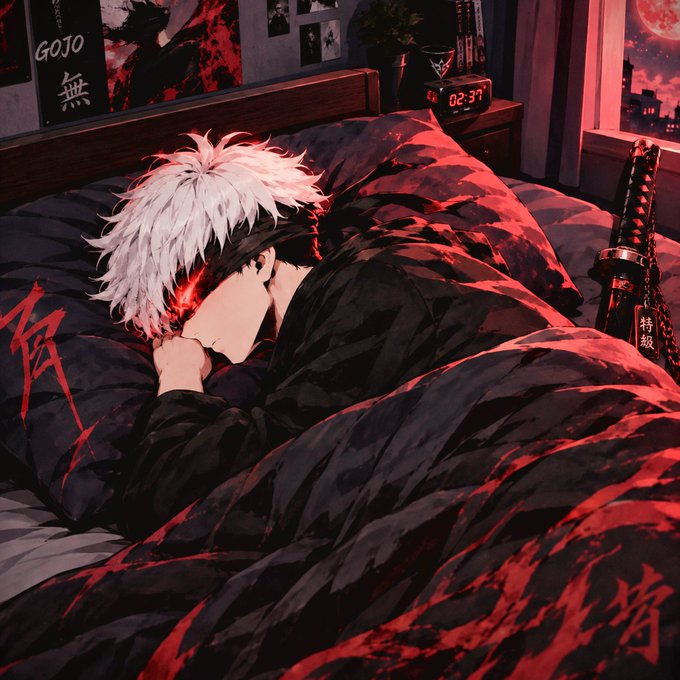 An anime-style illustration of a white-haired character with glowing red eyes hiding under red and black patterned bedding, with a 'GOJO' poster and katana visible in the background.