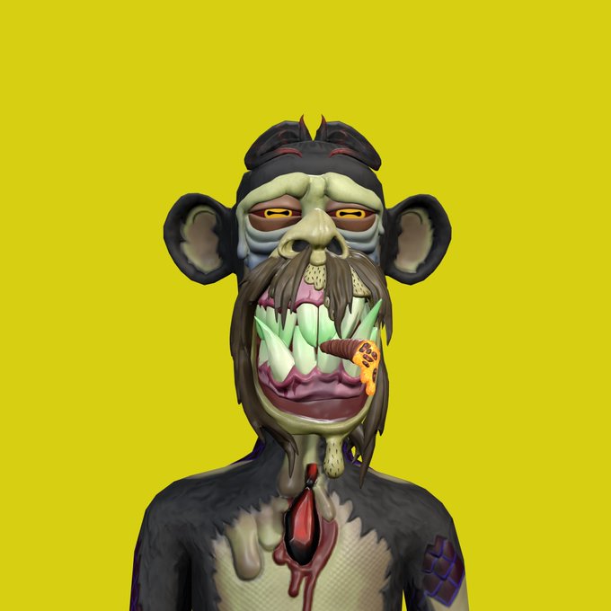 A 3D-rendered grotesque cartoon character with a wide grin revealing sharp green teeth, a cigar in its mouth, messy facial hair, and dark fur, set against a bright yellow background.