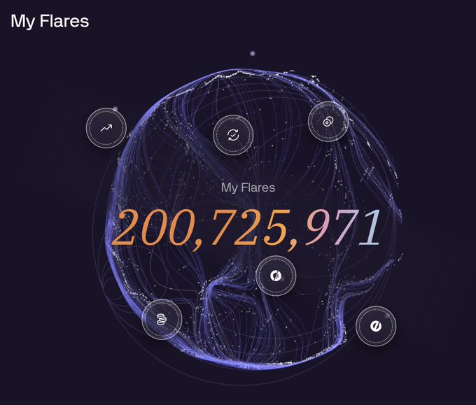 A digital wallet or app screen showing a globe graphic with the text 'My Flares' and a large number '200,725,971' in orange and pink.