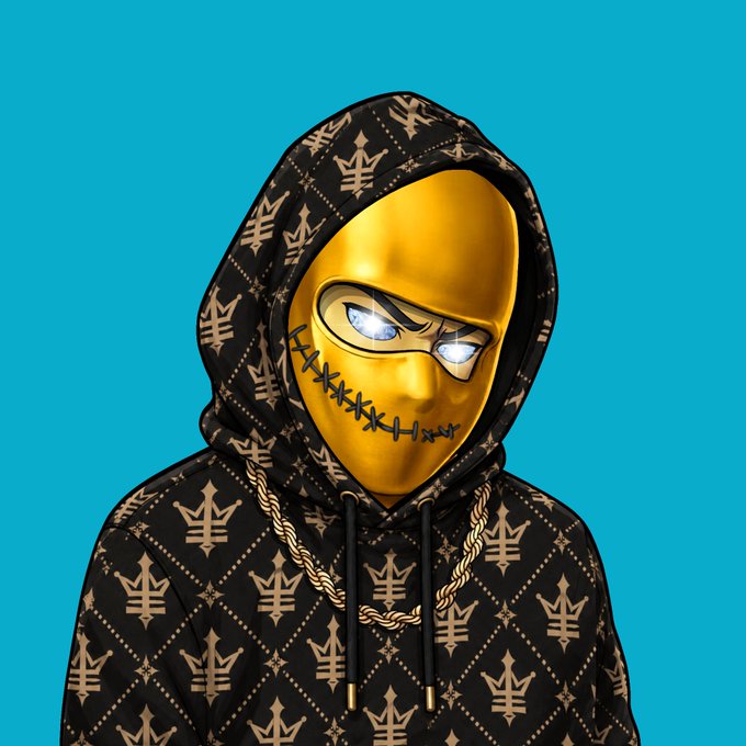 A hooded figure wearing a gold mask with stitched detailing and a gold chain stands against a bright blue background, their hoodie covered in a repeating "R" monogram pattern, projecting an air of mystery and exclusivity that matches the promotional post teasing free spots and a whitepaper from "Brando."