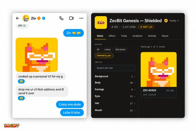 A split screen showing a chat message where 'Ziv' offers a pixel art cat for sale, requesting a Noir address for payment, alongside a ZecBit marketplace listing for 'ZecBit Genesis - Shielded' showing the same pixel cat NFT.