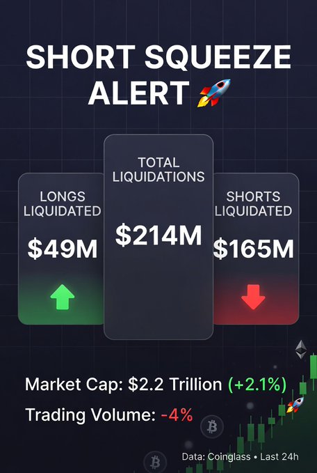 The image displays a "SHORT SQUEEZE ALERT 🚀" graphic with Coinglass data showing $214M total liquidations, $49M longs and $165M shorts liquidated, alongside a $2.2T crypto market cap (+2.1%) and -4% trading volume. The visual reinforces the post's message by emphasizing the heavy short liquidations that are driving bullish pressure in the crypto market.