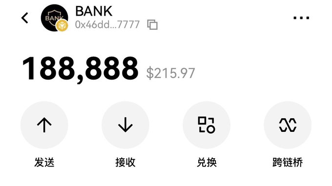 A crypto wallet screenshot shows a balance of 188,888 $BANK tokens (worth $215.97) held in the wallet address 0x46dd...7777, with four action buttons in Chinese for sending, receiving, swapping, and bridging tokens—visually confirming the $BANK airdrop mentioned in the caption.
