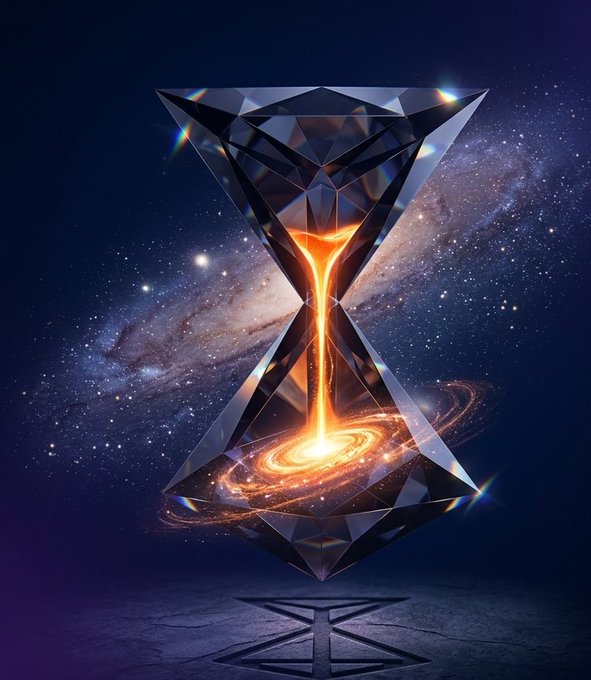 A crystalline hourglass containing a glowing galaxy and supernova-like energy stream floats against a starry cosmos, symbolizing the passage of time and the weight of cosmic-scale expectations. The image visually echoes the post's theme of testing a network's resilience under growing pressure, with the contained stellar force representing RetiumChain's potential to either collapse or withstand the demands of an expanding user base.