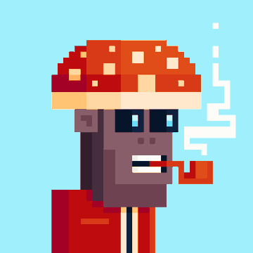 A pixel art portrait of a dark-skinned character wearing a red patterned cap, smoking a brown pipe with white smoke rising against a light blue background.