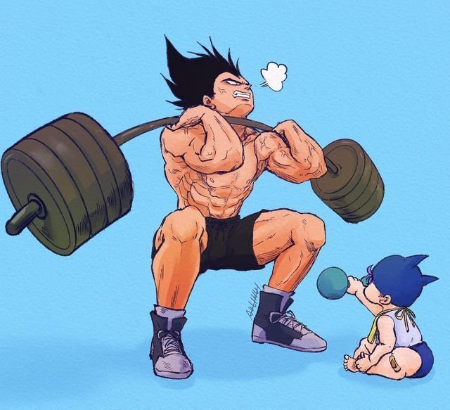 A cartoon illustration depicts a muscular, spiky-haired anime character lifting a heavy barbell while a small baby in a cape sits nearby drinking from a bottle, signed 'Saintt.',