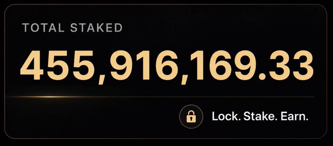 A dark dashboard panel displays 'TOTAL STAKED 455,916,169.33' in large gold numbers, accompanied by a padlock icon and the tagline 'Lock. Stake. Earn.'