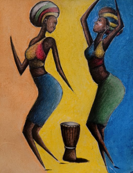 A vibrant painting of two African women dancing in colorful attire with head wraps, one in blue and one in green skirts, with a djembe-style drum between them against a bright yellow and blue background.