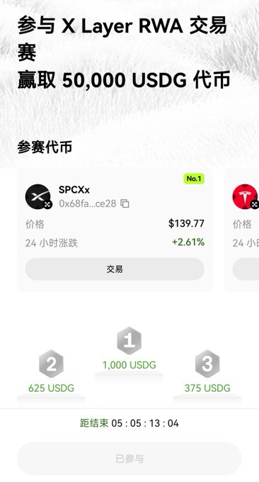 The image shows a trading competition promotion for X Layer RWA, offering 50,000 USDG tokens as prizes, with SPCXx currently ranked No.1 at $139.77 (+2.61%). The countdown shows 05:05:13:04 remaining, and users have already participated ("已参与").

Notably, this image appears unrelated to the accompanying post about "孙哥" (Sun Ge) and his viral article about celebrity Jing Tian mixing crypto and entertainment circles. The screenshot is simply a promotional event banner for a token trading competition, with no visible connection to the drama mentioned in the caption.