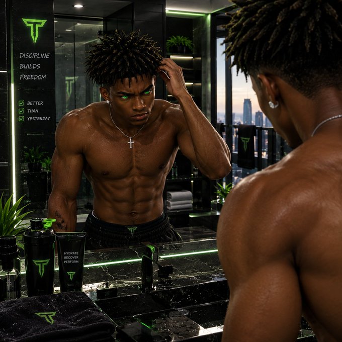 A muscular man with dreadlocks gazes intensely at his reflection in a gym mirror, wearing branded 'TITAN' gym shorts and a cross necklace, with fitness products visible on the counter.