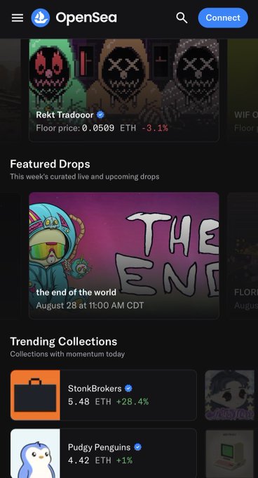 OpenSea mobile app interface showing featured NFT drops including 'Rekt Tradooor' and 'the end of the world,' along with trending collections like StonkBrokers and Pudgy Penguins.