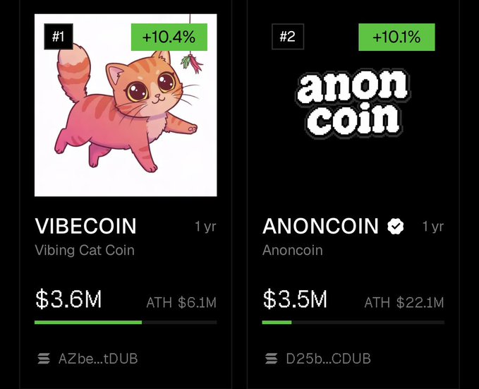 Screenshot showing two trending memecoins: VIBECOIN (Vibing Cat Coin) with +10.4% and $3.6M market cap, and ANONCOIN with +10.1% and $3.5M market cap, both about 1 year old on what appears to be a crypto tracking app.