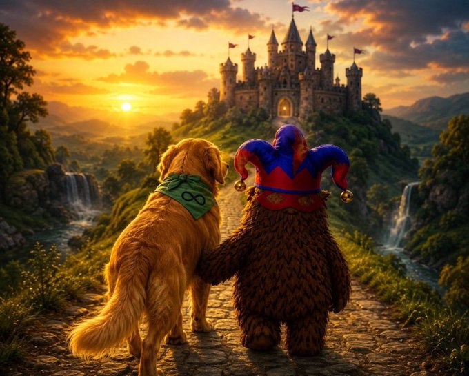 A golden retriever wearing a green bandana stands next to a furry jester character, both looking toward a castle on a hill at sunset.