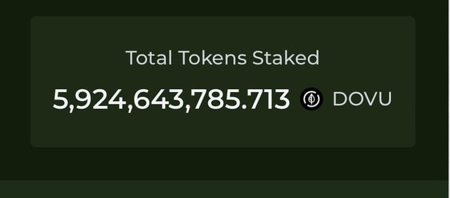 A dark green dashboard widget displays 'Total Tokens Staked' showing 5,924,643,785.713 DOVU tokens.