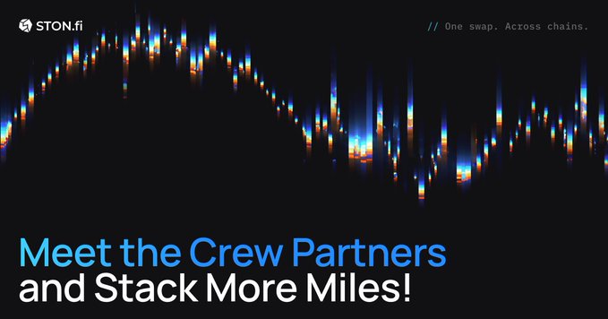 A dark promotional graphic for STON.fi features the tagline "// One swap. Across chains." in the top right and the headline "Meet the Crew Partners and Stack More Miles!" at the bottom, set against a glowing blue and orange abstract waveform background. The image serves as a campaign announcement introducing partner projects like My Wallet and Gram Wallet to an upcoming mission-based rewards initiative.