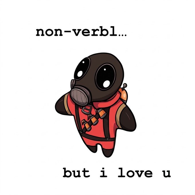 A cute cartoon character wearing a red hazmat suit and black gas mask with the text 'non-verb...' at the top and 'but i love u' at the bottom.