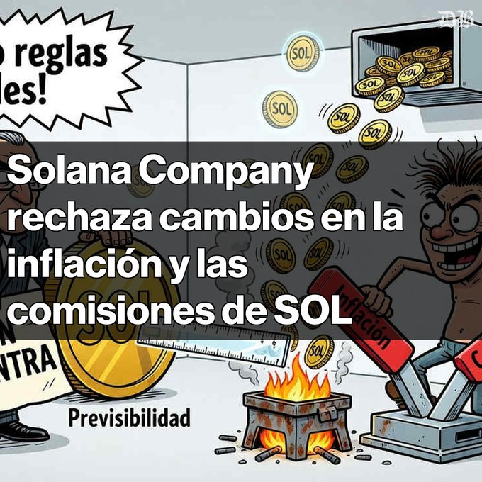 A Spanish meme/cartoon about Solana features the text 'Solana Company rechaza cambios en la inflación y las comisiones de SOL' with characters arguing over SOL coins being printed.
