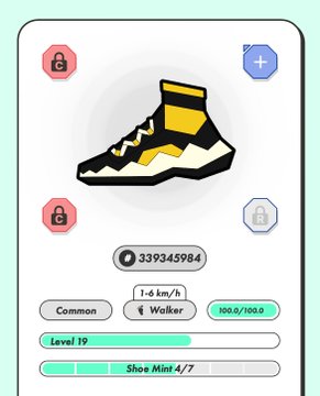 The image shows a white screen with a black shoe icon displayed at the top, along with a list of options for the user to choose from. The options include "Common", "Level 19", "Shoe Mint 4/7", and "Walker". The text on the screen reads "おける人は同世代 #STEPN #ブルバ100". This suggests that the image is related to a shoe-related game or app, possibly designed for users to choose their preferred shoe style from a variety of options.