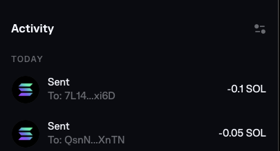 The image displays a Solana wallet activity feed showing two outgoing transactions: a -0.1 SOL send to address 7L14...xi6D and a -0.05 SOL send to QsnN...XnTN, corresponding to the two bonus distributions mentioned in the post.