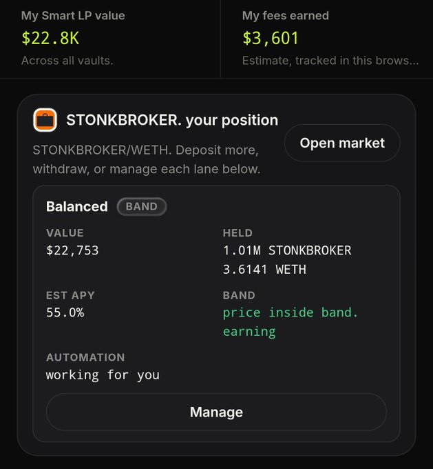 A mobile app screenshot showing a DeFi dashboard titled 'STONKBROKER' with a 'My Smart LP value' of '$22.8K', 'My fees earned' of '$3,601', and a 'Balanced' position showing 1.01M STONKBROKER and 3.6141 WETH with an 'EST APY' of 55.0%.