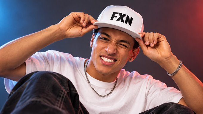 A young man smiling and winking while wearing a white cap with 'FXN' printed on it and a matching white t-shirt.