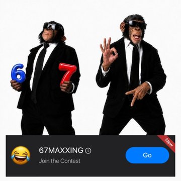 Two chimpanzees dressed in black suits and ties pose on a stage, one holding a blue '6' and red '7', with a social media contest prompt reading '67MAXXING - Join the Contest' below them.