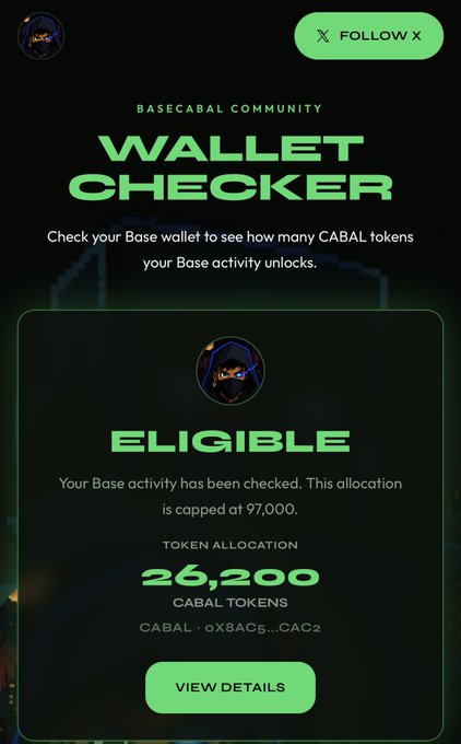A Basecabal Community 'Wallet Checker' screen showing an eligible allocation of 26,200 CABAL tokens from the wallet CABAL 0x8Ac5...cAc2, capped at 97,000.