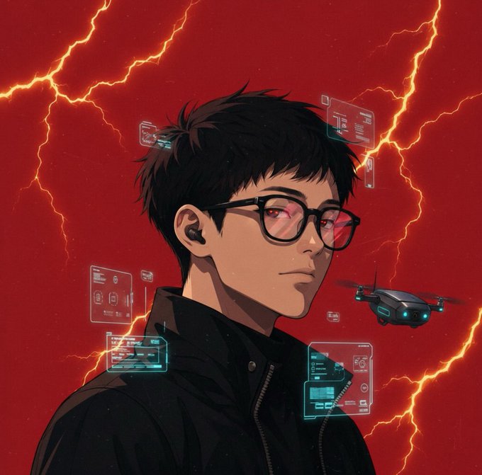 A digital anime-style illustration of a young man with glasses, a black earpiece, and futuristic holographic interfaces, set against a red background with lightning and a small drone.