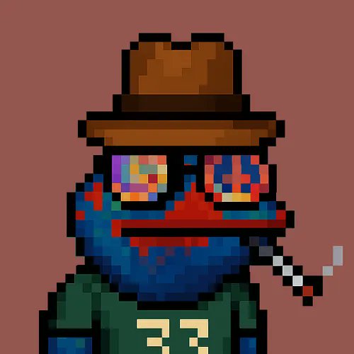A pixel art portrait of a blue-skinned character with a colorful beard wearing a brown fedora hat and a green shirt with '77' on it, smoking a cigarette.