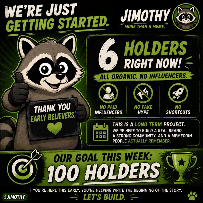 A promotional graphic for the '$JIMOTY' memecoin featuring a cartoon raccoon mascot, claiming '6 HOLDERS RIGHT NOW!' and setting a weekly goal of '100 HOLDERS'.