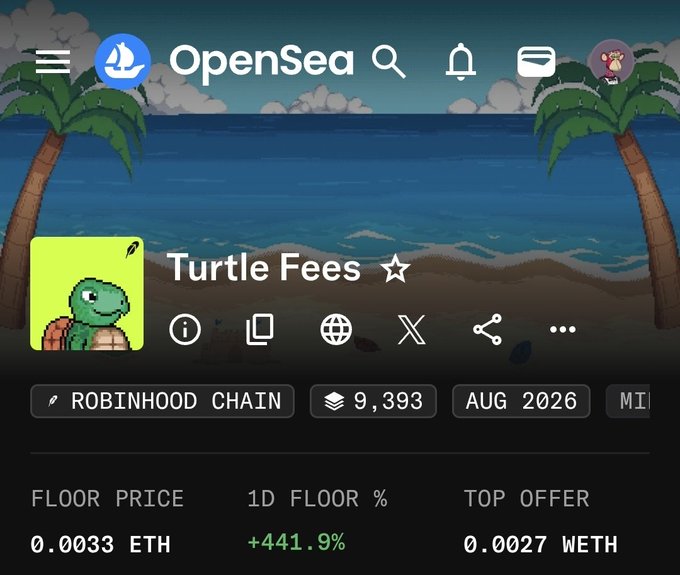 An OpenSea page for the 'Turtle Fees' NFT collection on Robinhood Chain, displaying a floor price of 0.0033 ETH with a 441.9% increase.
