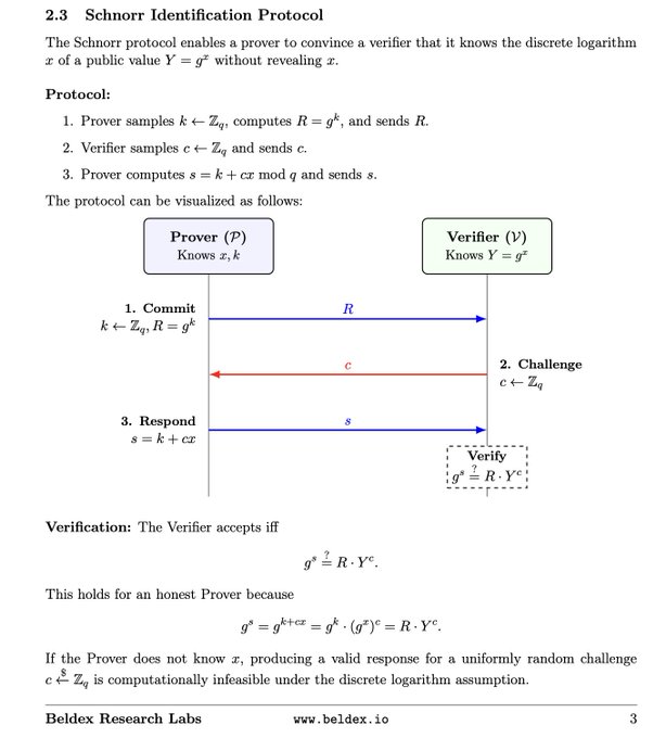 A technical document from Beldex Research Labs explaining the 'Schnorr Identification Protocol' with a flowchart showing the commit-challenge-respond interaction between a Prover and Verifier, and the verification formula g^s ≟ R · Y^c.
