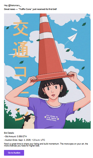 A screenshot of a digital art auction for an illustration of a girl holding a giant traffic cone over her head, titled "Traffic Cone" with a starting bid of 0.069 ETH and an auction end date of Sept 3, 2026.