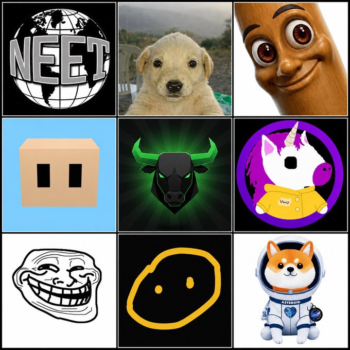 A 3x3 grid of various memes and NFT-style images including a "NEET" globe logo, a puppy, a troll face, a box character, a green bull logo, a unicorn "Uni" mascot, the trollface meme, a yellow blob, and a Shiba Inu astronaut labeled "ASTEROID." The collage of internet meme culture fits the "back to Solana trenches" theme, referencing the chaotic, meme-driven atmosphere of the Solana crypto community.