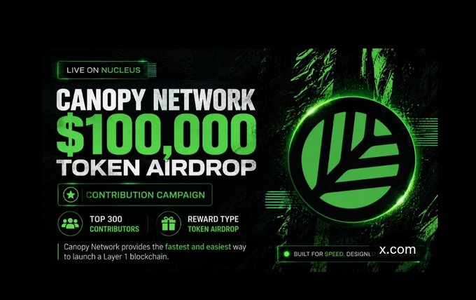 The image features a green Canopy Nucleus logo with text that reads "Live on Nucleus" followed by the announcement of a $100K contribution campaign for token rewards via the Nucleus network. The campaign aims to reward users who contribute 10,000 tokens within four days and retain full token ownership, offering a competitive prize for those who succeed in this challenge.