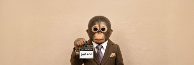 A young orangutan wearing a brown suit and purple tie holds out a "LIKE MANAGER" badge that reads "just ape" against a beige background.