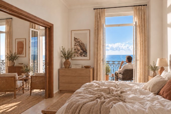 A bright, sunlit bedroom with a large unmade bed, wooden furniture, and curtains opening to a balcony overlooking the sea, where a person sits looking out at the water.