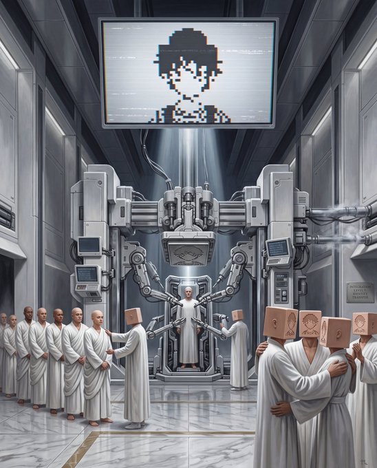 A dystopian sci-fi scene of robed figures with box-shaped heads gathered in a sterile white facility around a central figure being operated on by robotic arms, beneath a large screen displaying a pixelated portrait.