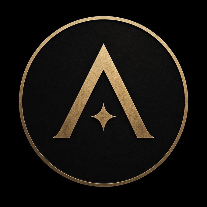 A black circular logo with a gold stylized 'A' and a four-pointed star design, set against a black background.