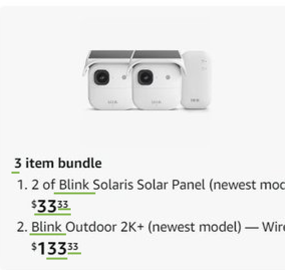 A "3 item bundle" deal featuring two Blink Solaris Solar Panels at $33.33 each and a Blink Outdoor 2K+ wireless camera at $133.33 is shown, tying to the post's play on the word "Blink" by highlighting Blink brand security products.