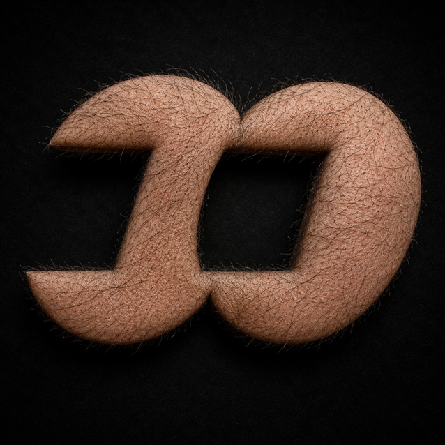 A stylized 3D rendering of furry, hair-covered letter characters on a black background.