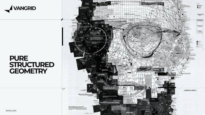 A black and white digital art piece titled 'PURE STRUCTURED GEOMETRY' by VANGRID, featuring a fragmented mosaic-style portrait of a face composed of geometric shapes, triangles, and spatial data points.