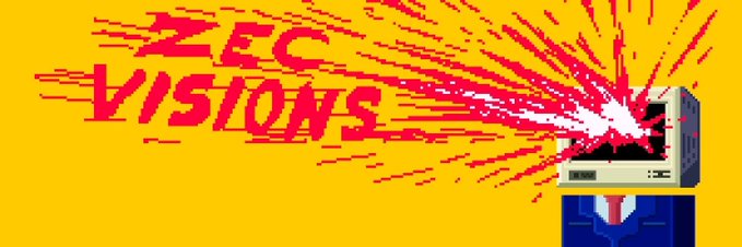Pixel art on a yellow background showing a retro computer monitor exploding with red and white pixels, alongside the text 'ZEC VISIONS'.