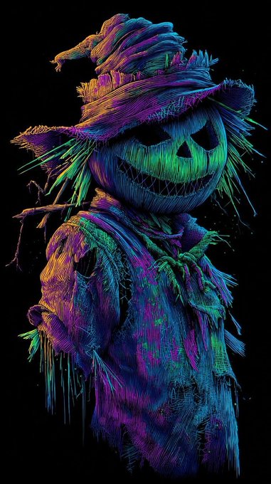 A neon-colored, glitch-art style illustration of a scarecrow figure with a glowing jack-o'-lantern pumpkin head against a black background.