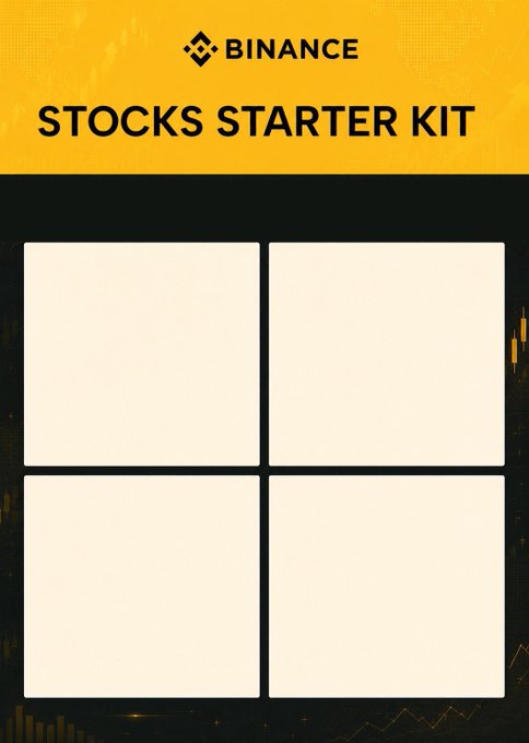 The image features a poster for a stocks starter kit, which includes four blank stock images arranged in a square format against a black background. The text "What's in your Stocks Starter Kit?" encourages users to enter their own stock information into the provided form. The post also mentions that there is a prize pool of 500 USDC available for those who participate and share their stocks memes on social media using the hashtag #stocks-talks.