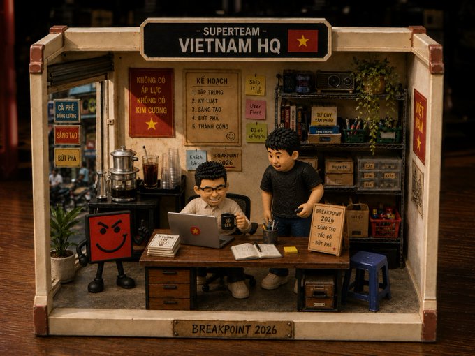 This vibrant diorama depicts the "Superteam Vietnam HQ" headquarters for the "Breakpoint 2026" Solana conference, complete with Vietnamese signage planning coffee, research, and file reviews, as well as two figurines cheerfully working at a desk alongside a red mascot character.

The image creatively illustrates the behind-the-scenes preparation for the anticipated Solana Ecosystem Call and Solana Summit Belgrade, showcasing the Vietnamese team's enthusiasm for the upcoming Breakpoint 2026 event.