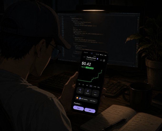 A person wearing a cap and glasses looks at a phone displaying "The Bull Bull" stock chart showing $0.42, while coding in the background with a dark coffee and notebook on the desk.