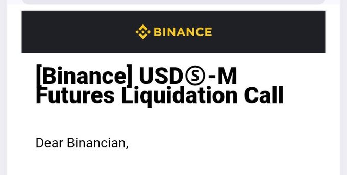 An email notification from Binance titled "[Binance] USDⓈ-M Futures Liquidation Call" addressed to "Dear Binancian."